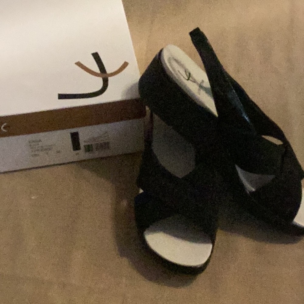 New in box Liz Claiborne Black Wedge Sandals with Cut-Out Design